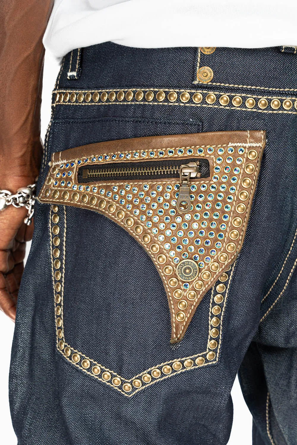 CLINT IN RINSE WASH BROWN LEATHER ZIPPER FLAPS FULLY EMBELLISHED WITH CRYSTALS AND STUDS sold by Robin's Jean product image thumbnail 2