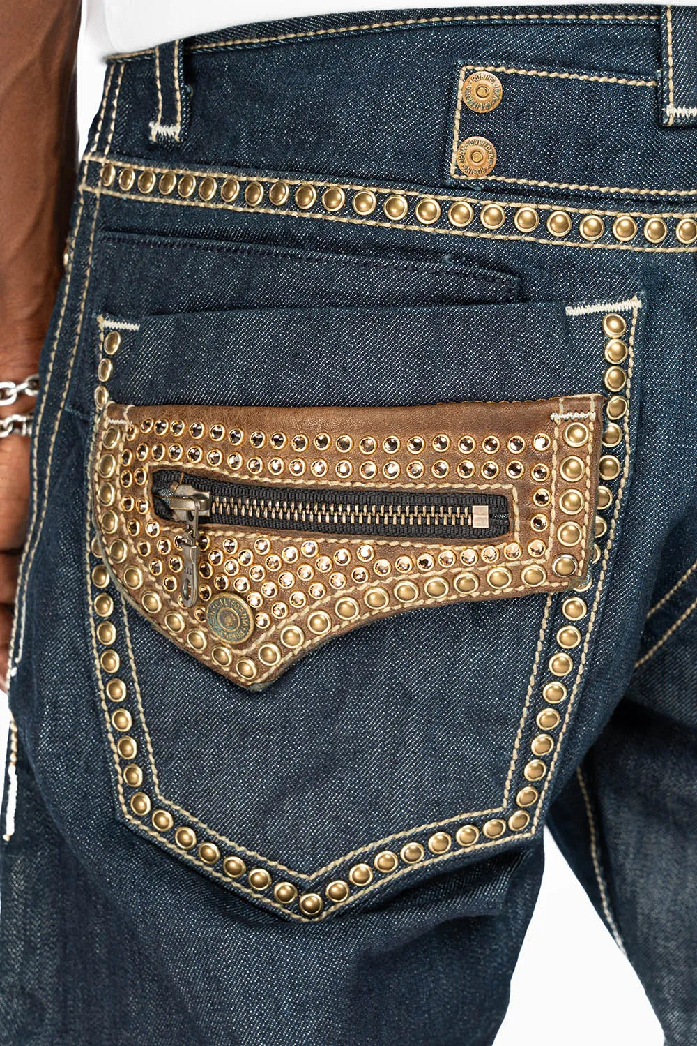 INDIAN WITH BROWN LEATHER ZIPPER FLAPS IN RINSE WASH WITH STUDS AND CRYSTALS sold by Robin's Jean product image thumbnail 2