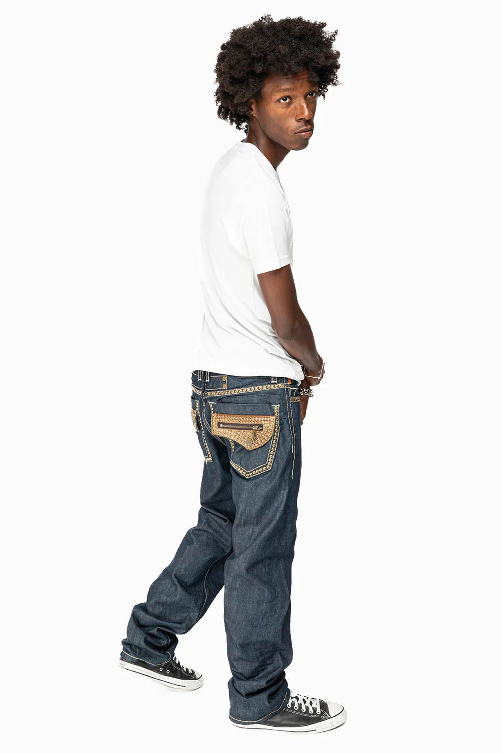 INDIAN WITH BROWN LEATHER ZIPPER FLAPS IN RINSE WASH WITH STUDS AND CRYSTALS sold by Robin's Jean product image thumbnail 5