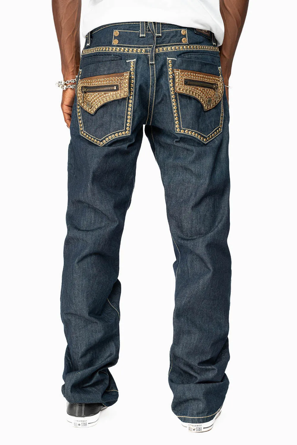 INDIAN WITH BROWN LEATHER ZIPPER FLAPS IN RINSE WASH WITH STUDS AND CRYSTALS sold by Robin's Jean product image thumbnail 3