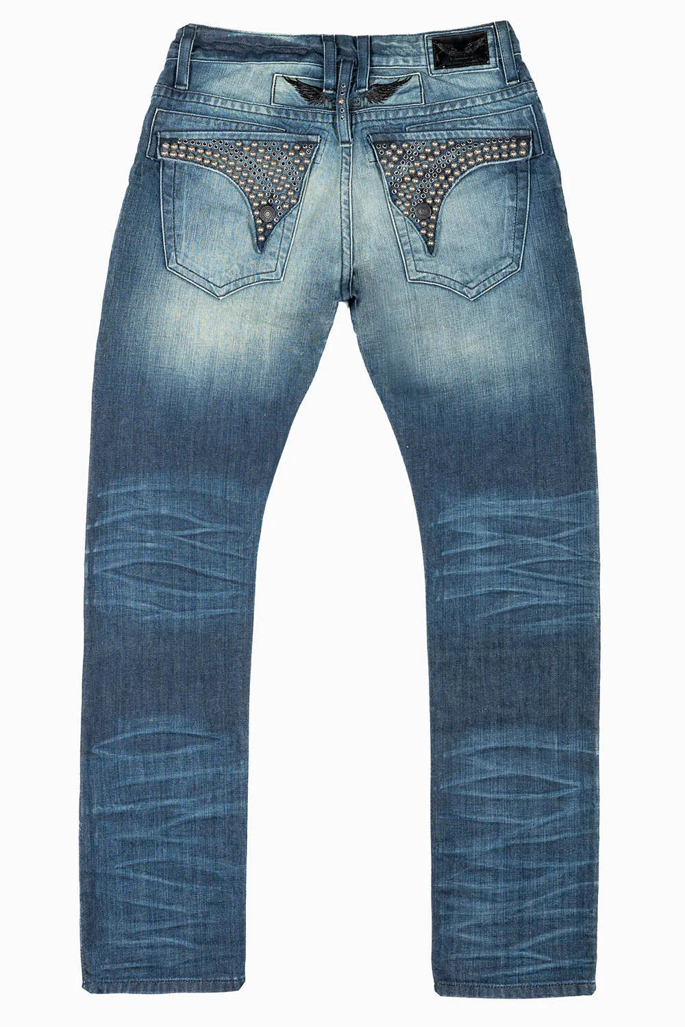 MENS LONG FLAP SLIM JEANS WITH STUDS & CRYSTALS IN BLUE ALBANY DARK WASH sold by Robin's Jean