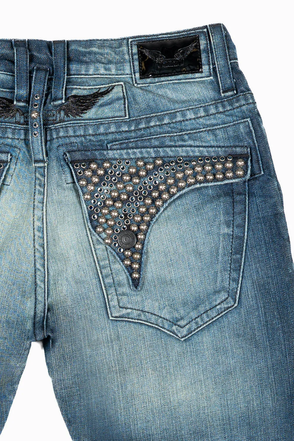 MENS LONG FLAP SLIM JEANS WITH STUDS & CRYSTALS IN BLUE ALBANY DARK WASH sold by Robin's Jean product image thumbnail 3