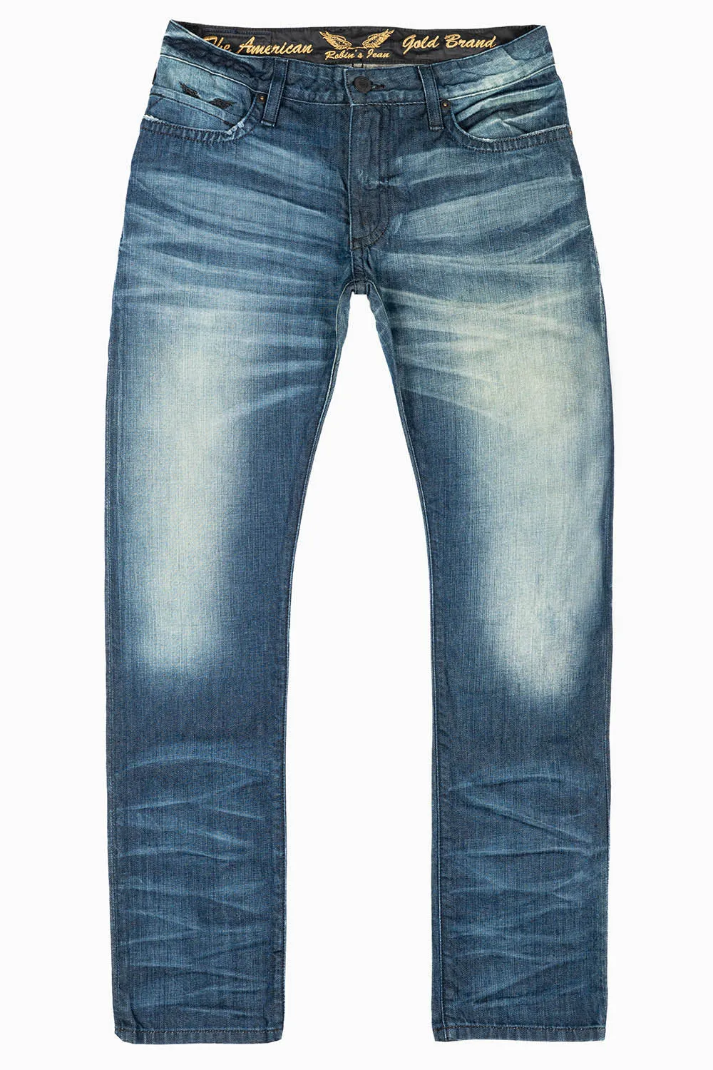 MENS LONG FLAP SLIM JEANS WITH STUDS & CRYSTALS IN BLUE ALBANY DARK WASH sold by Robin's Jean product image thumbnail 2