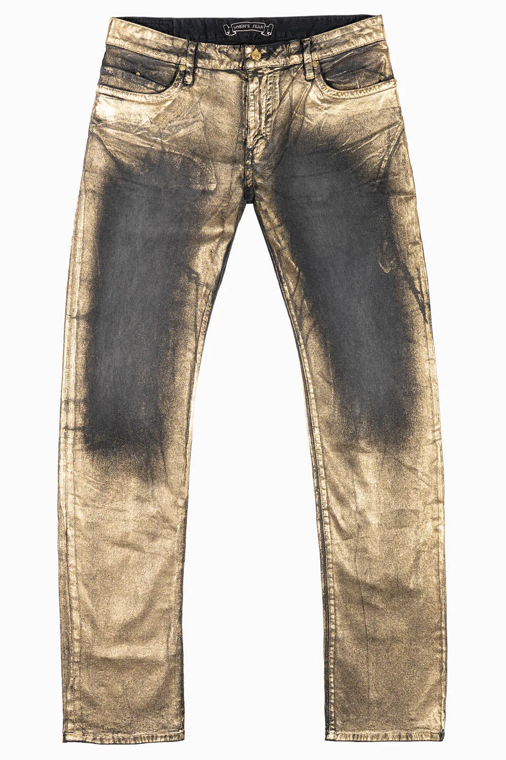 MENS CLASSIC STRAIGHT LEG LONG FLAP JEANS IN BLK LISA GOLD FOIL WITH CRYSTALS sold by Robin's Jean product image thumbnail 2
