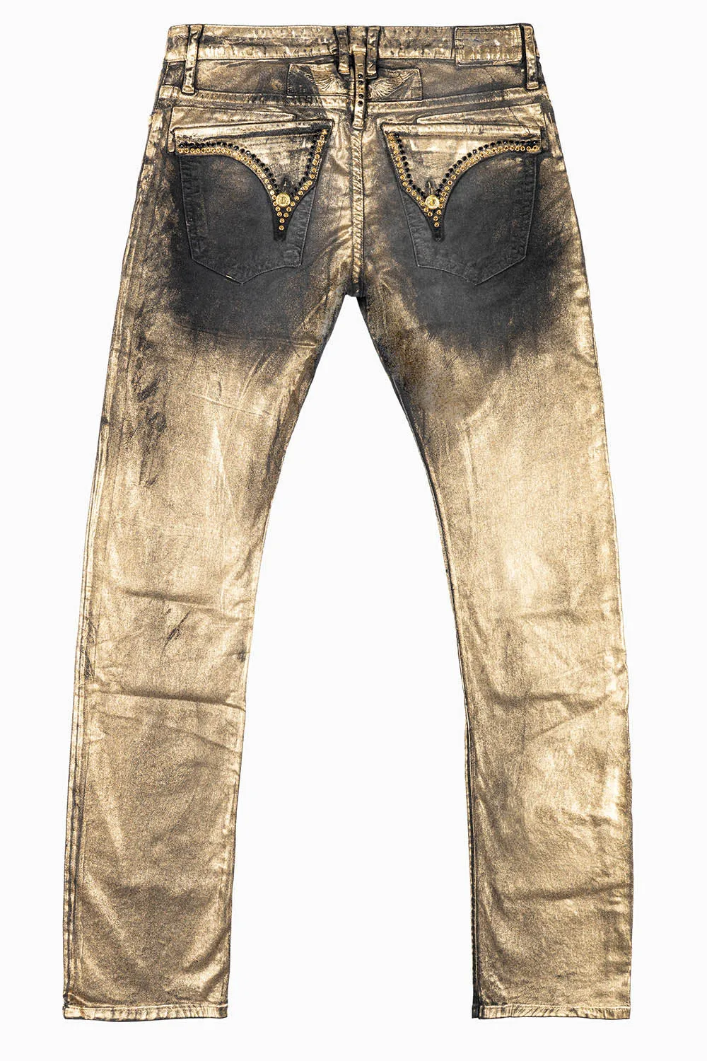 MENS CLASSIC STRAIGHT LEG LONG FLAP JEANS IN BLK LISA GOLD FOIL WITH CRYSTALS sold by Robin's Jean
