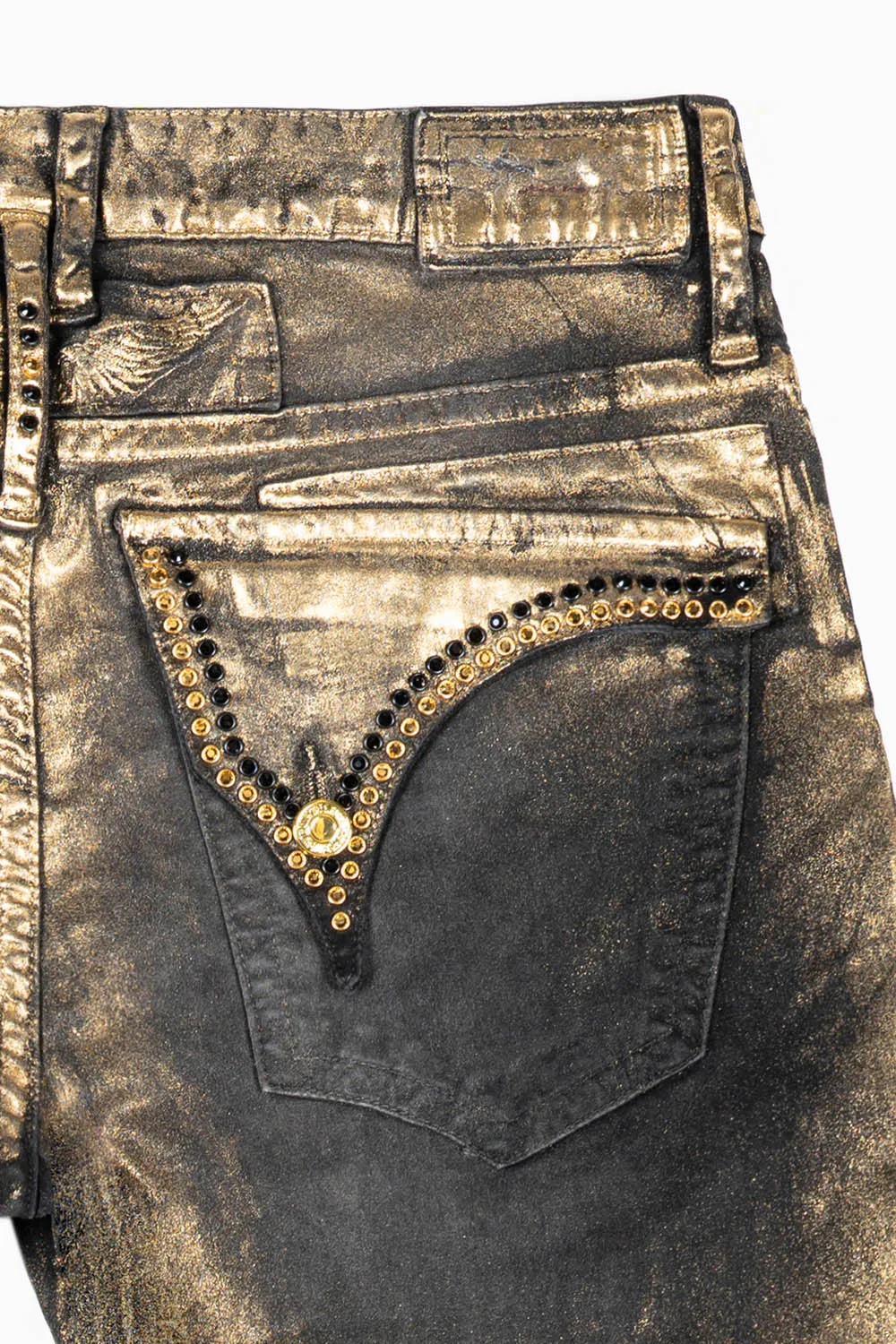 MENS CLASSIC STRAIGHT LEG LONG FLAP JEANS IN BLK LISA GOLD FOIL WITH CRYSTALS sold by Robin's Jean product image thumbnail 3