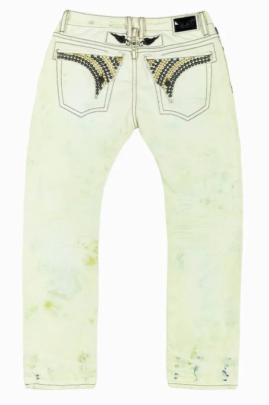 MENS LONG FLAP SLIM JEANS IN  KEY LIME DESTROY WASH EMBELLISHED WITH STUDS & CRYSTALS sold by Robin's Jean
