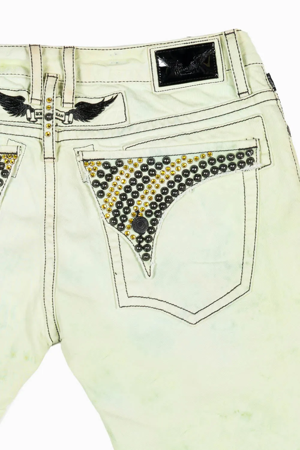MENS LONG FLAP SLIM JEANS IN KEY LIME DESTROY WASH EMBELLISHED WITH STUDS & CRYSTALS sold by Robin's Jean product image thumbnail 3