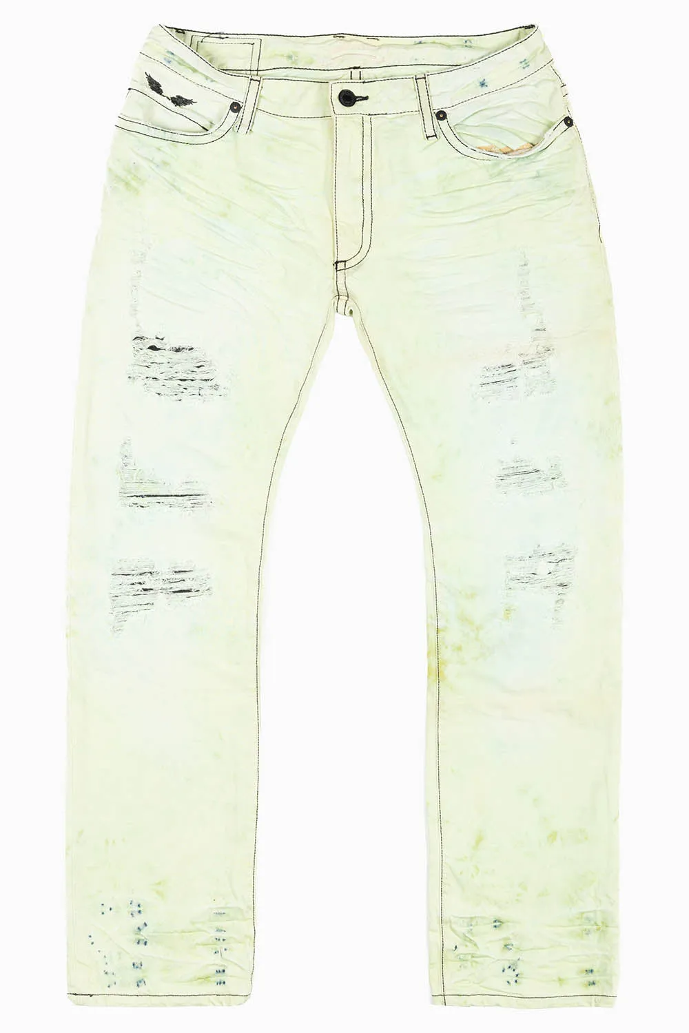 MENS LONG FLAP SLIM JEANS IN KEY LIME DESTROY WASH EMBELLISHED WITH STUDS & CRYSTALS sold by Robin's Jean product image thumbnail 2