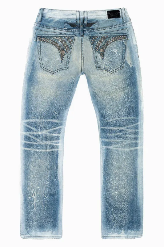 MENS LONG FLAP SLIM JEANS IN BLUE MARTIN  WASH EMBELLISHED WITH STUDS & CRYSTALS sold by Robin's Jean