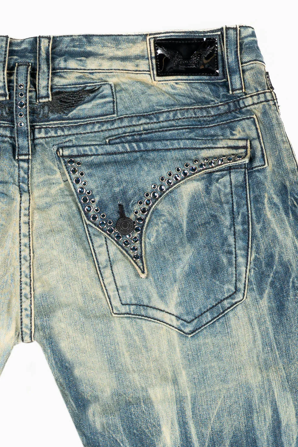 MENS LONG FLAP SLIM JEANS IN BLUE NIKO WASH EMBELLISHED WITH MONTANA CRYSTALS sold by Robin's Jean product image thumbnail 3