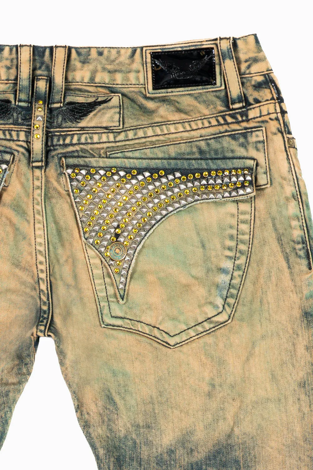 MENS LONG FLAP SLIM JEANS IN K WASH TURQUOISE WASH EMBELLISHED WITH STUDS & CRYSTALS sold by Robin's Jean product image thumbnail 3