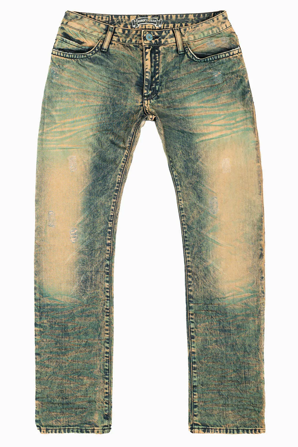 MENS LONG FLAP SLIM JEANS IN K WASH TURQUOISE WASH EMBELLISHED WITH STUDS & CRYSTALS sold by Robin's Jean product image thumbnail 2