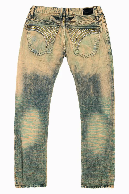 MENS LONG FLAP SLIM JEANS IN K WASH TURQUOISE WASH EMBELLISHED WITH  STUDS & CRYSTALS sold by Robin's Jean