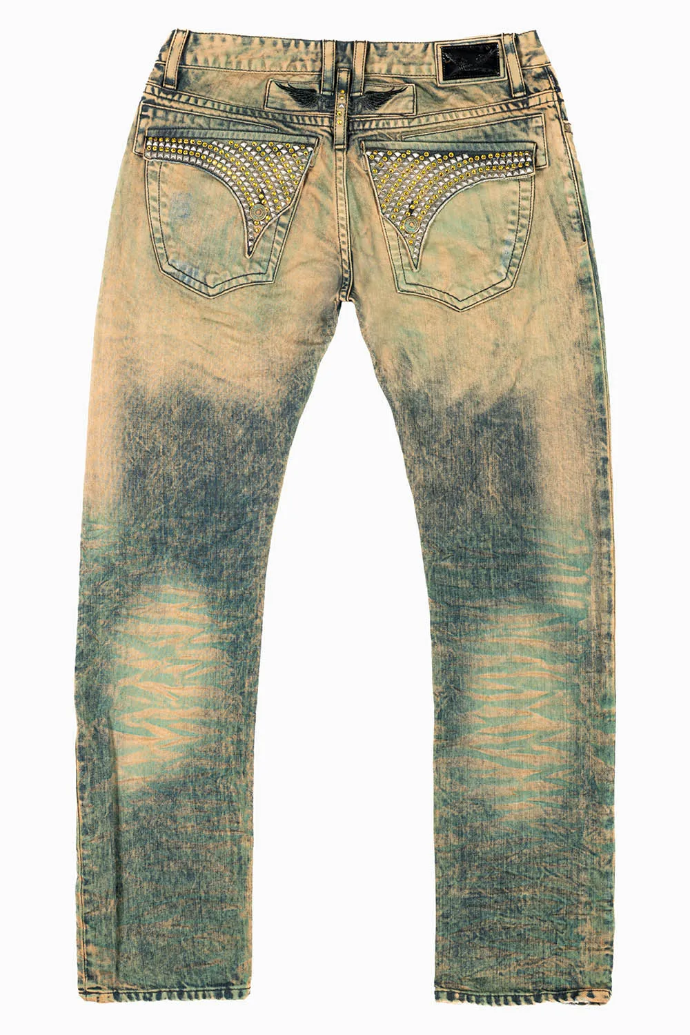 MENS LONG FLAP SLIM JEANS IN K WASH TURQUOISE WASH EMBELLISHED WITH STUDS & CRYSTALS sold by Robin's Jean