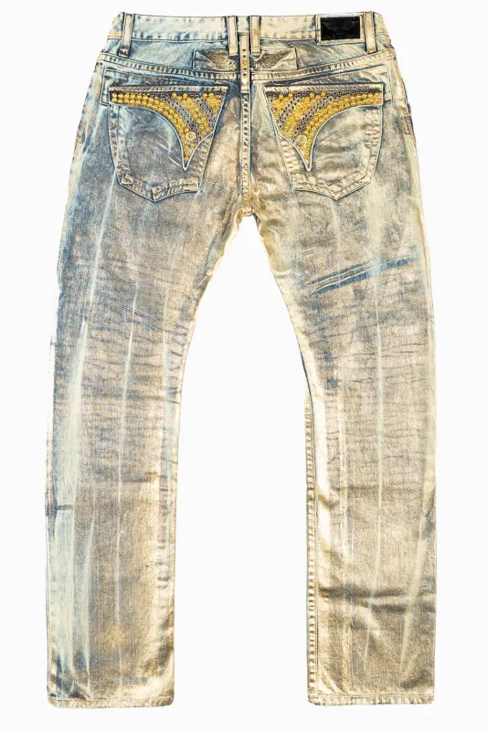 MENS LONG FLAP SLIM JEANS WITH GOLD STUDS & CRYSTALS IN GOOD TIMES GOLD WASH sold by Robin's Jean