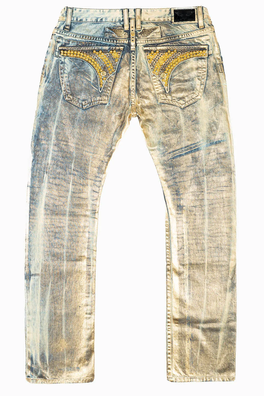 MENS LONG FLAP SLIM JEANS WITH GOLD STUDS & CRYSTALS IN GOOD TIMES GOLD WASH sold by Robin's Jean