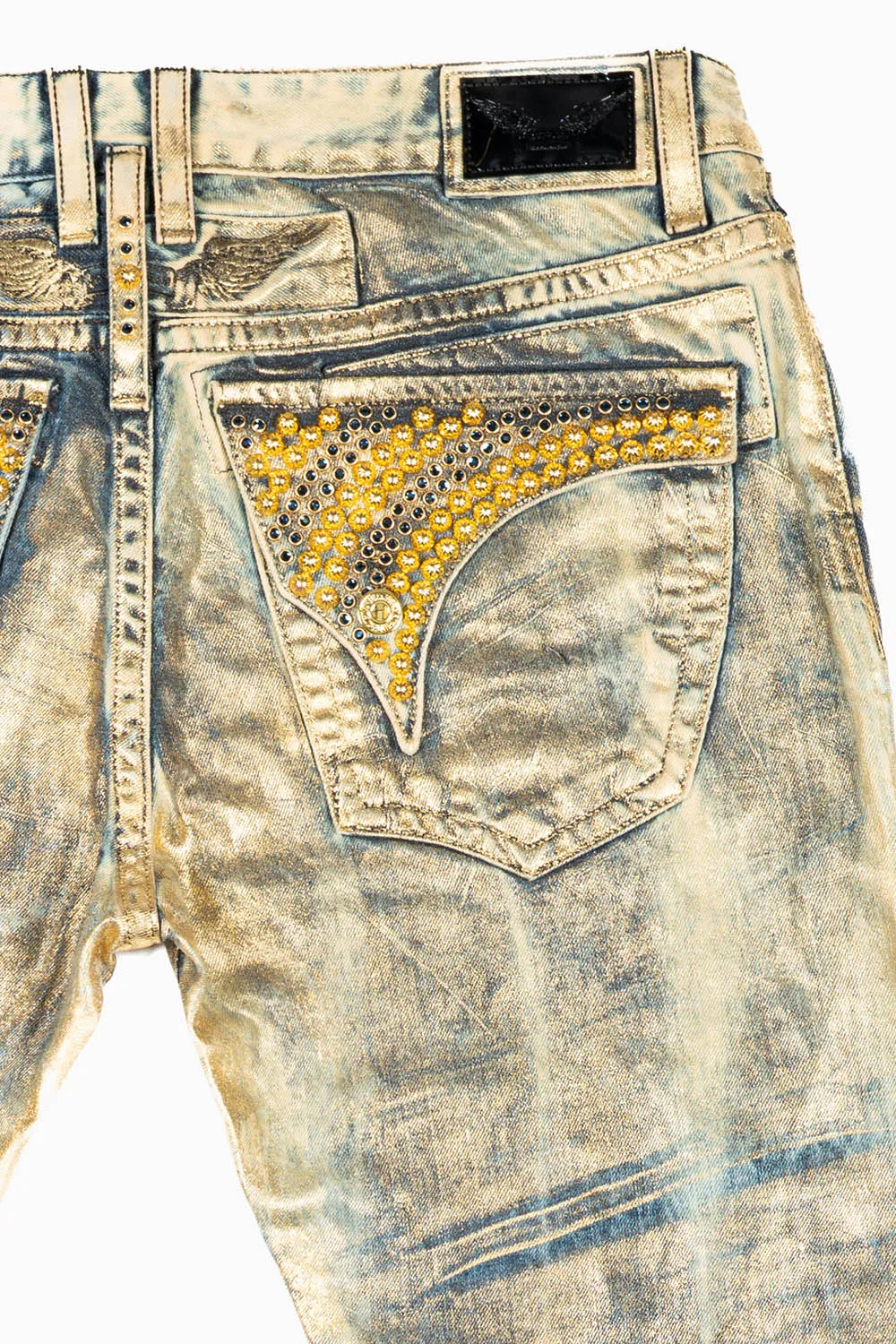 MENS LONG FLAP SLIM JEANS WITH GOLD STUDS & CRYSTALS IN GOOD TIMES GOLD WASH sold by Robin's Jean product image thumbnail 3