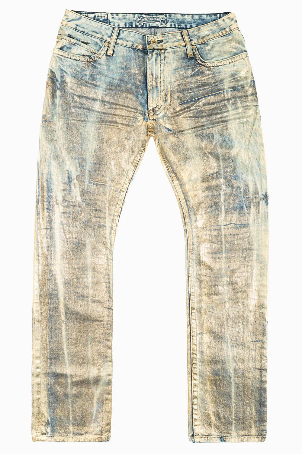 MENS LONG FLAP SLIM JEANS WITH GOLD STUDS & CRYSTALS IN GOOD TIMES GOLD WASH sold by Robin's Jean product image thumbnail 2