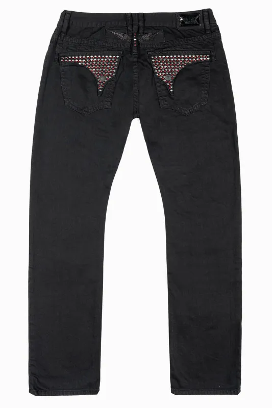 MENS LONG FLAP SLIM JEANS WITH STUDS & CRYSTALS IN BLACK  BROKEN REPAIRED DNM sold by Robin's Jean