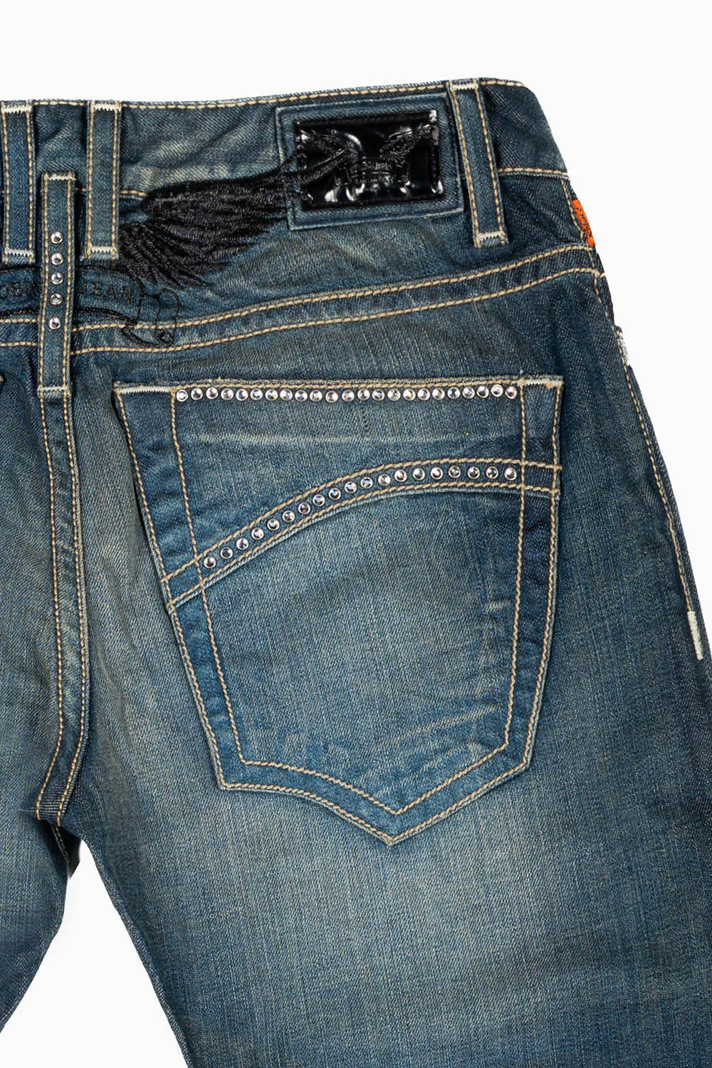 MENS CLASSIC STRAIGHT LEG JEAN IN BLUE 3D DARK WASH WITH CLEAR CRYSTALS sold by Robin's Jean product image thumbnail 3