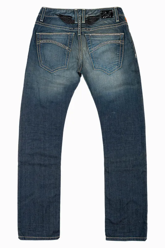 MENS CLASSIC STRAIGHT LEG JEAN IN BLUE 3D DARK WASH WITH CLEAR CRYSTALS sold by Robin's Jean