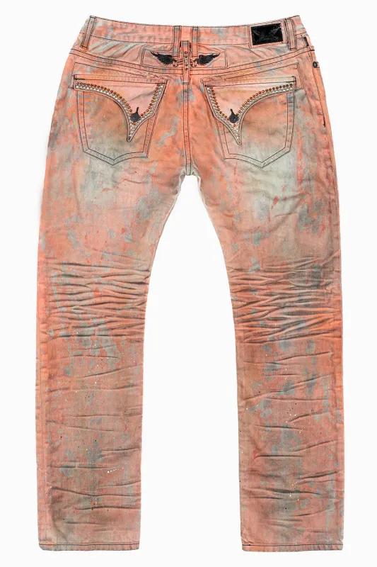 MENS LONG FLAP SLIM JEANS WITH CRYSTALS IN VINTAGE MEDELLIN  ORANGE/BROWN WASH sold by Robin's Jean