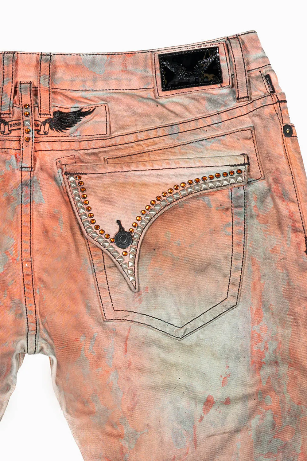 MENS LONG FLAP SLIM JEANS WITH CRYSTALS IN VINTAGE MEDELLIN ORANGE/BROWN WASH sold by Robin's Jean product image thumbnail 2