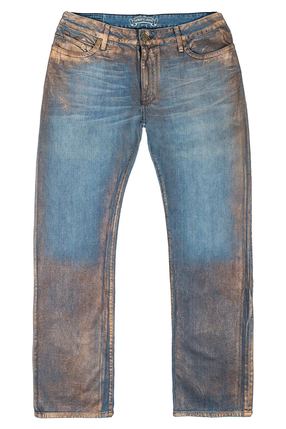 MENS LONG FLAP STRAIGHT CUT JEANS WITH CRYSTALS IN COPPER FOIL WASH sold by Robin's Jean product image thumbnail 2