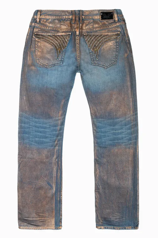 MENS LONG FLAP STRAIGHT CUT JEANS WITH CRYSTALS IN COPPER FOIL WASH sold by Robin's Jean