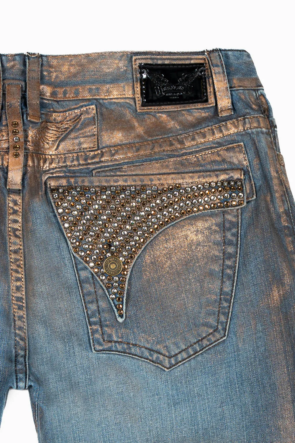 MENS LONG FLAP STRAIGHT CUT JEANS WITH CRYSTALS IN COPPER FOIL WASH sold by Robin's Jean product image thumbnail 3