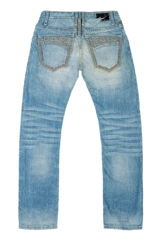 MENS CLASSIC STRAIGHT LEG JEAN IN BLUE THUNDER MEDIUM WASH WITH CRYSTALS AND NAILHEADS sold by Robin's Jean