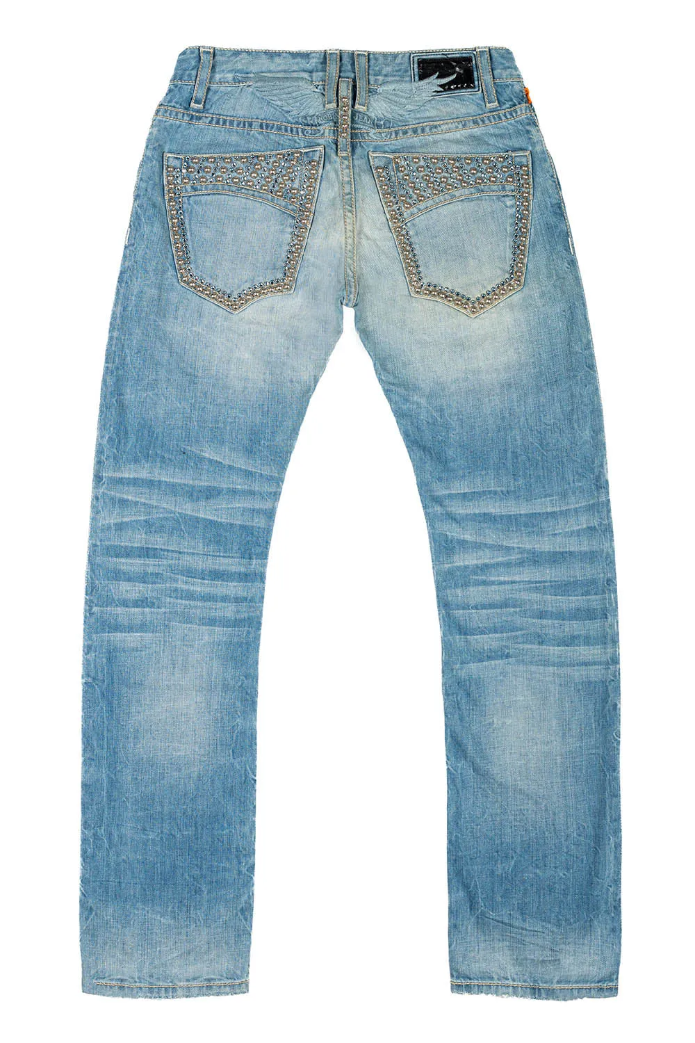 MENS CLASSIC STRAIGHT LEG JEAN IN BLUE THUNDER MEDIUM WASH WITH CRYSTALS AND NAILHEADS sold by Robin's Jean
