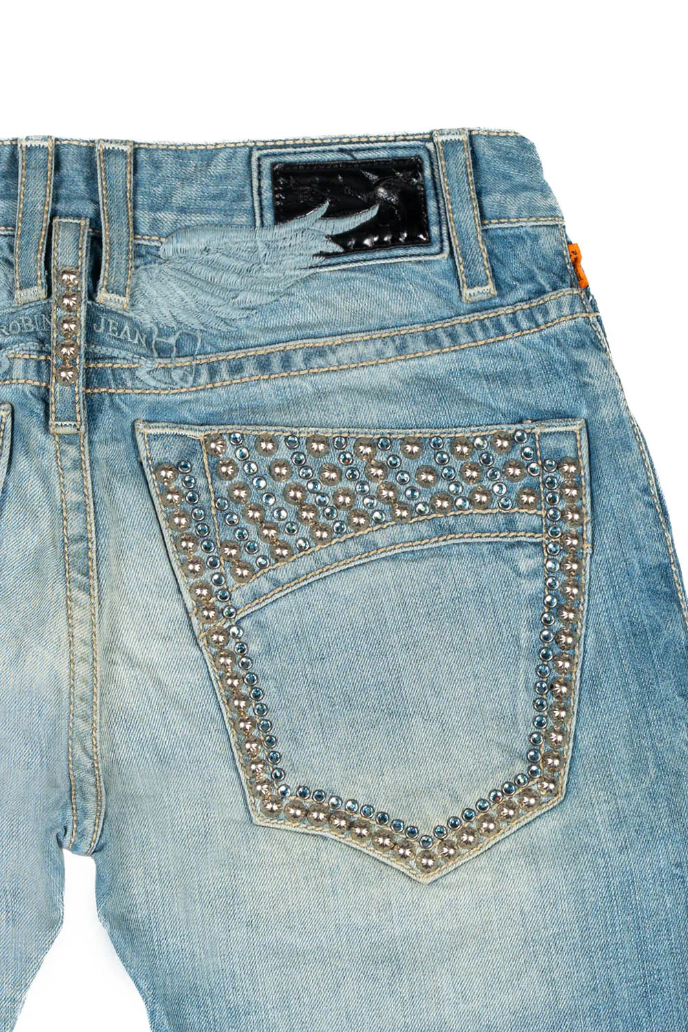 MENS CLASSIC STRAIGHT LEG JEAN IN BLUE THUNDER MEDIUM WASH WITH CRYSTALS AND NAILHEADS sold by Robin's Jean product image thumbnail 3