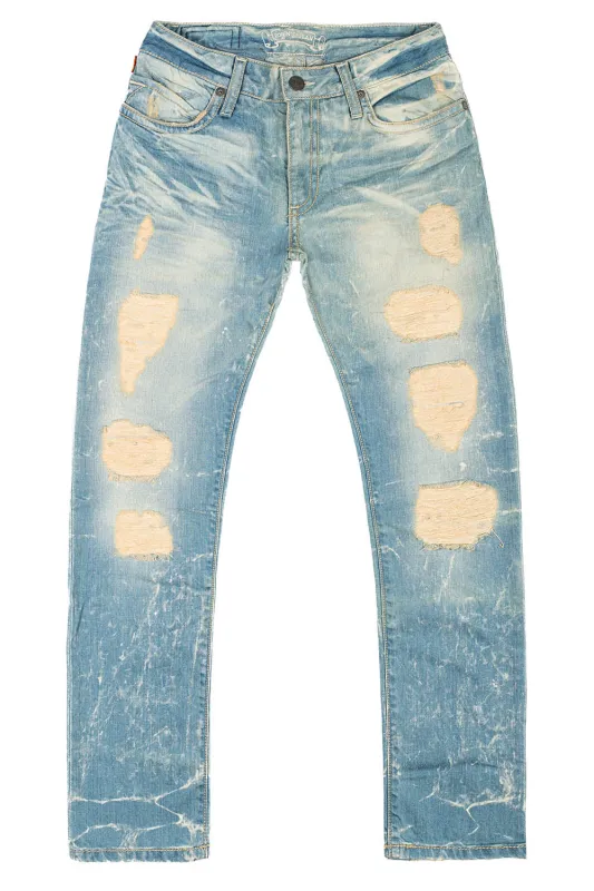 CLASSIC 5 POCKET SLIM LEG JEANS IN 4D LIGHT BROKEN REPAIRED WASH sold by Robin's Jean