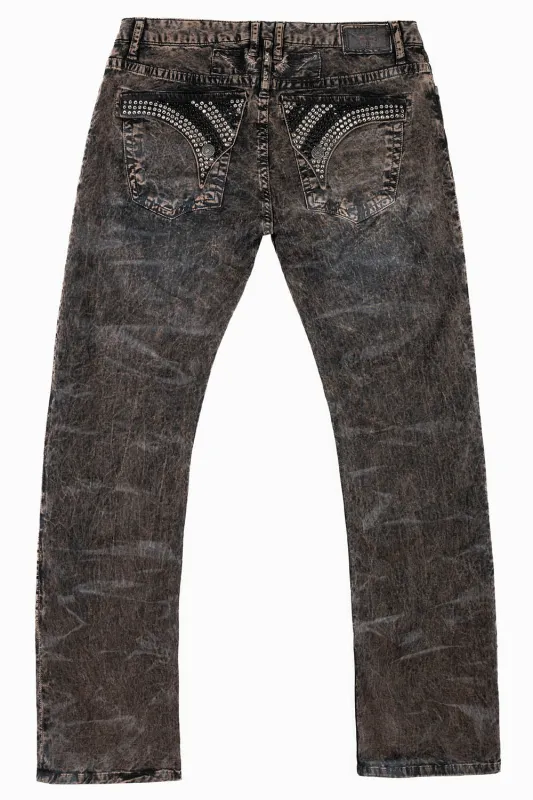 MENS CLASSIC STRAIGHT LEG LONG FLAP JEANS IN BROWN THUNDER  WITH CRYSTALS sold by Robin's Jean