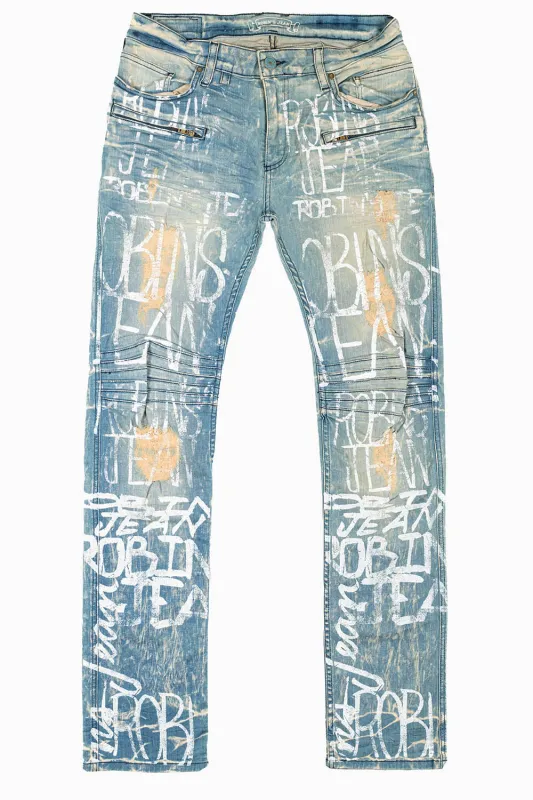 MOTO BIKER MEN'S SLIM STRAIGHT LEG JEANS IN 4D LIGHT BROKEN REPAIRED WASH WITH WHITE GRAFFITI LOGO sold by Robin's Jean
