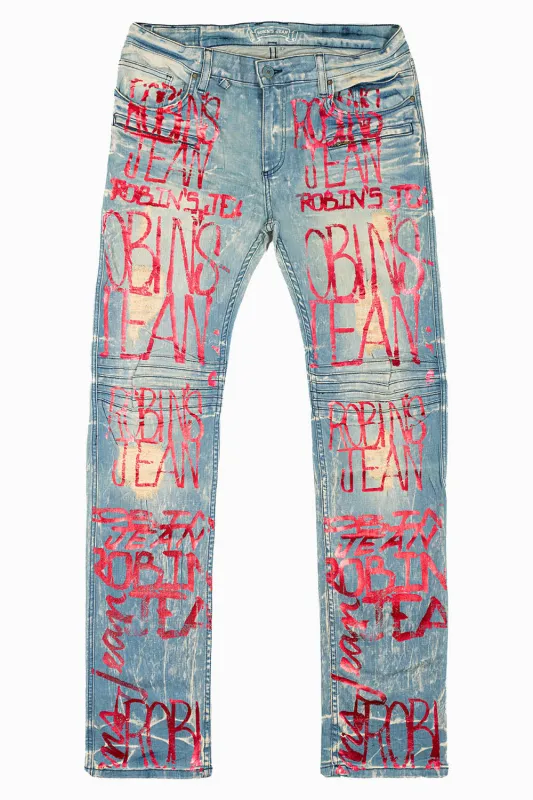 MOTO BIKER MEN'S SLIM STRAIGHT LEG JEANS IN 4D LIGHT BROKEN REPAIRED WASH WITH RED GRAFFITI LOGO sold by Robin's Jean
