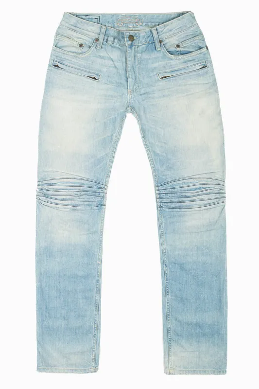MOTO BIKER MEN'S SLIM STRAIGHT LEG JEANS IN BLUE THUNDER LIGHT WASH sold by Robin's Jean