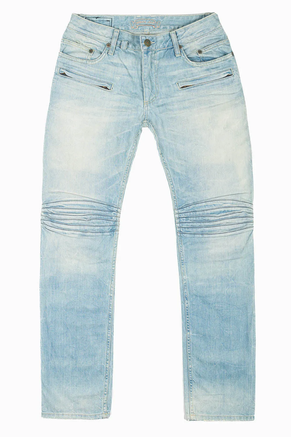 MOTO BIKER MEN'S SLIM STRAIGHT LEG JEANS IN BLUE THUNDER LIGHT WASH sold by Robin's Jean