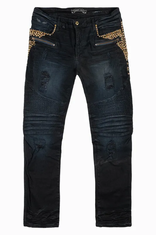 MENS BIKER JEANS IN F-UP BLACK WASH EMBELLISHED WITH GOLD NAILHEADS AND AURUM CRYSTALS sold by Robin's Jean