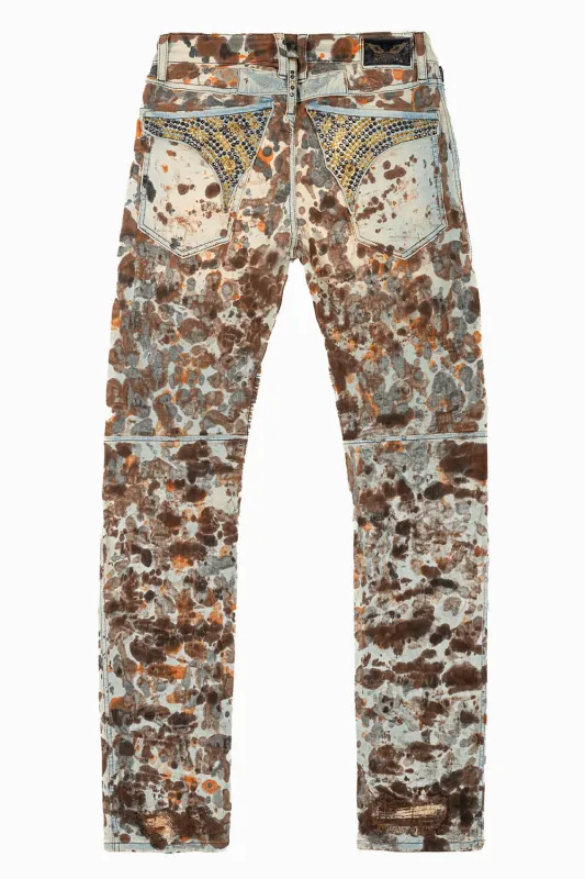 MENS BIKER JEANS WITH FLAP IN DESERT RAOUL BROKEN REPAIRED WASH WITH  CRYSTALS sold by Robin's Jean
