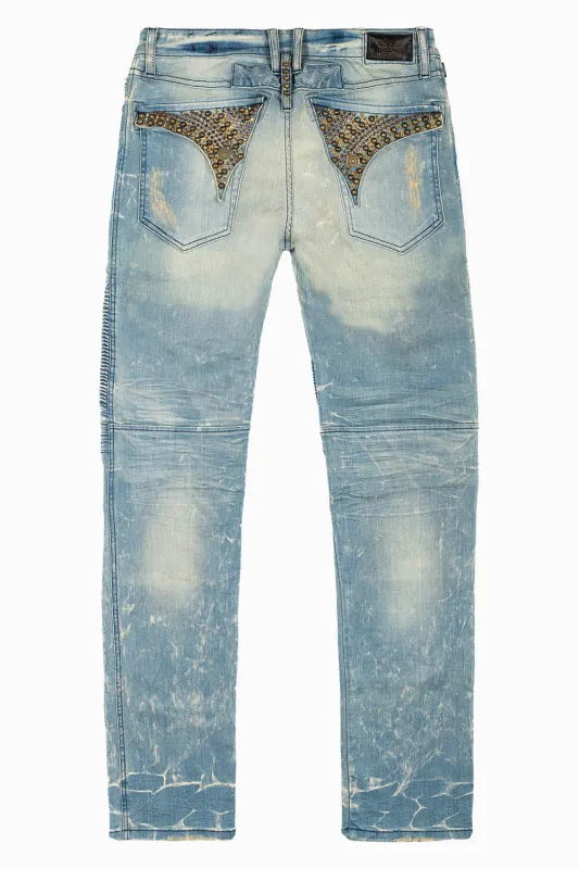 MENS BIKER JEANS WITH FLAP IN BLUE 4D LIGHT BROKEN WASH WITH STUDS AND CRYSTALS sold by Robin's Jean