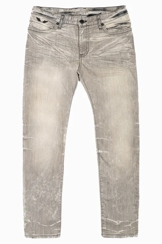 MENS SKINNY JEANS IN GRAY 4D LIGHT WASH WITH BLK WING EMBROIDERY sold by Robin's Jean