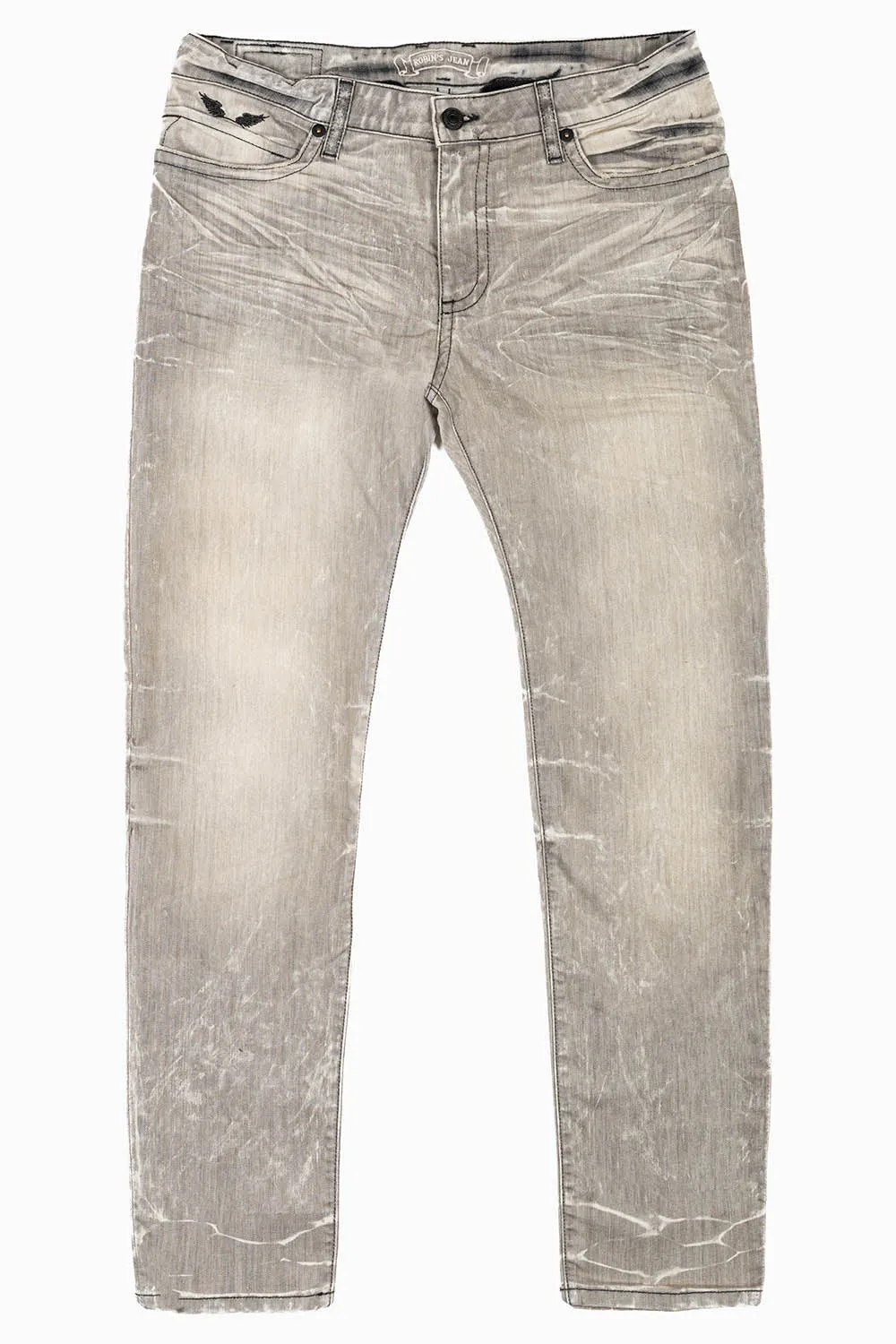 MENS SKINNY JEANS IN GRAY 4D LIGHT WASH WITH BLK WING EMBROIDERY sold by Robin's Jean