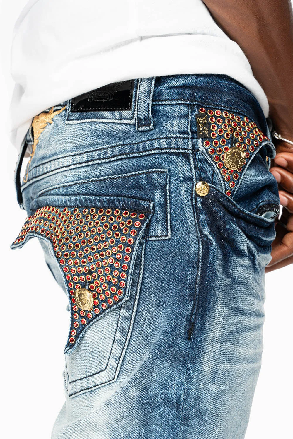 KILLER FLAP STRAIGHT LEG JEAN IN BLUE NEW CLOUD JAPAN WASH FULLY EMBELLISHED WITH CRYSTALS sold by Robin's Jean product image thumbnail 2