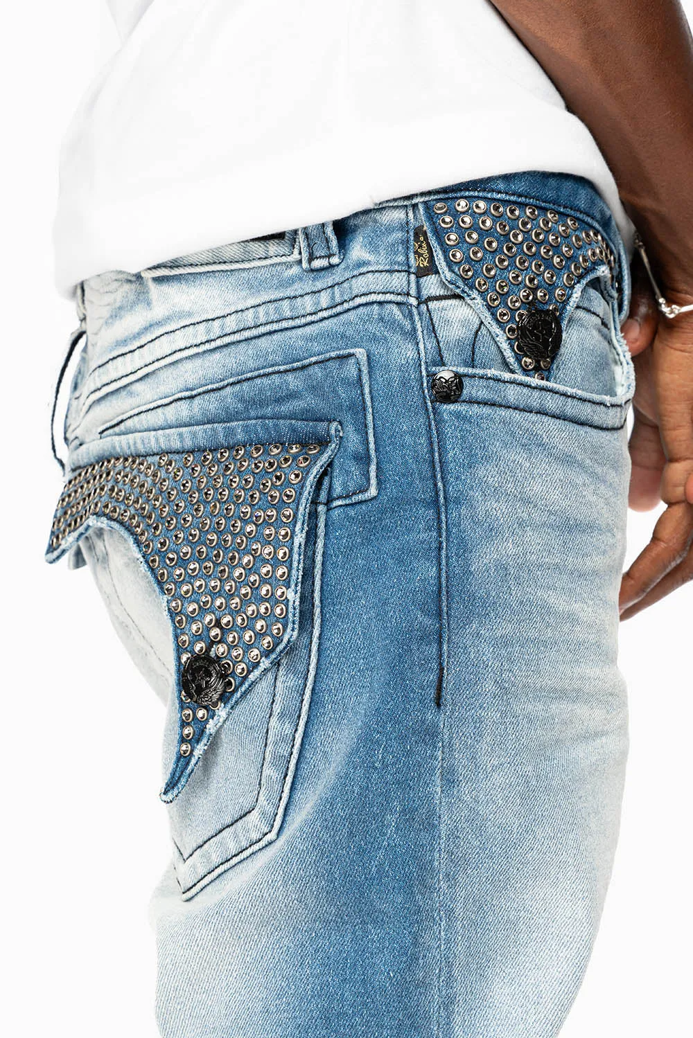 KILLER FLAP SKINNY JEAN IN BLUE OMAHA MEDIUM WASH FULLY EMBELLISHED WITH CRYSTALS sold by Robin's Jean product image thumbnail 2