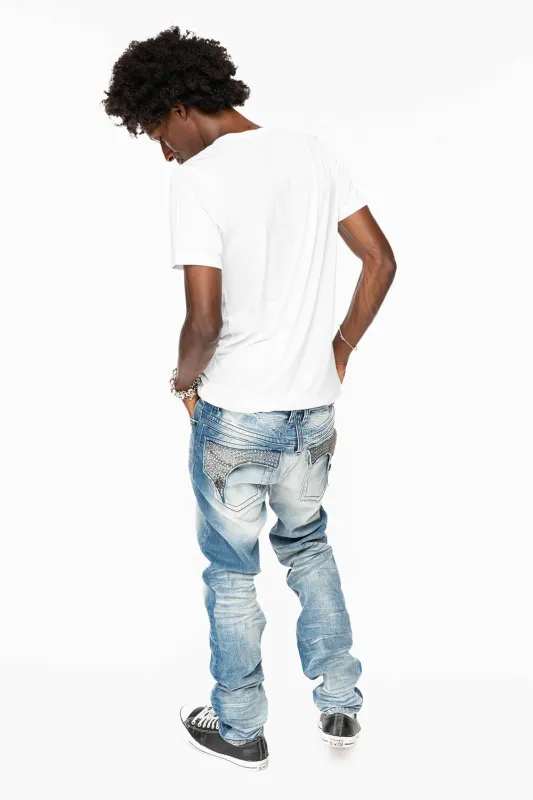 KILLER FLAP SKINNY JEAN IN BLUE OMAHA MEDIUM WASH FULLY EMBELLISHED WITH CRYSTALS sold by Robin's Jean