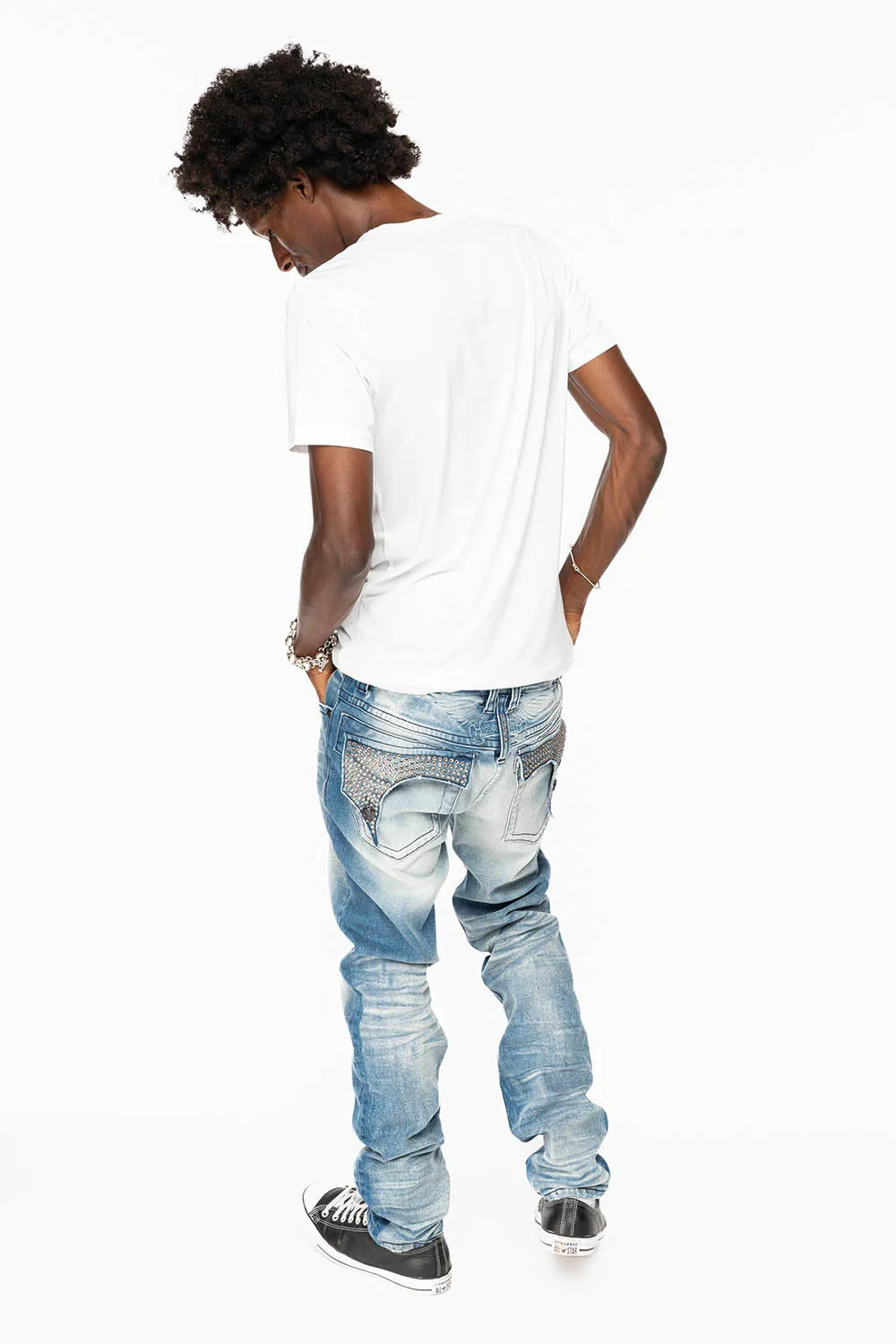 KILLER FLAP SKINNY JEAN IN BLUE OMAHA MEDIUM WASH FULLY EMBELLISHED WITH CRYSTALS sold by Robin's Jean