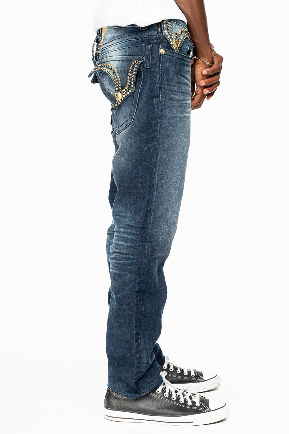 KILLER FLAP MENS SKINNY JEAN IN OMAHA DARK WASH EMBELLISHED WITH AURUM & AQUA MARINE CRYSTALS sold by Robin's Jean product image thumbnail 4